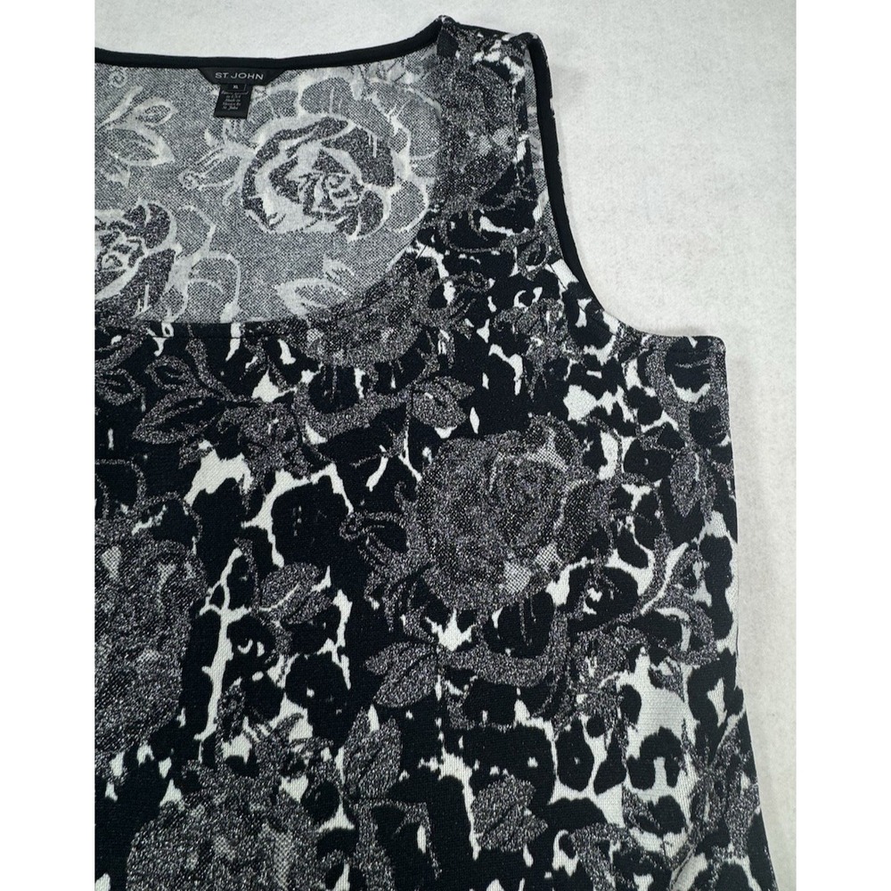 St John XL Black White Silver Floral Knit Shell Sleeveless Top Rayon USA Luxe - Picture 3 of 16